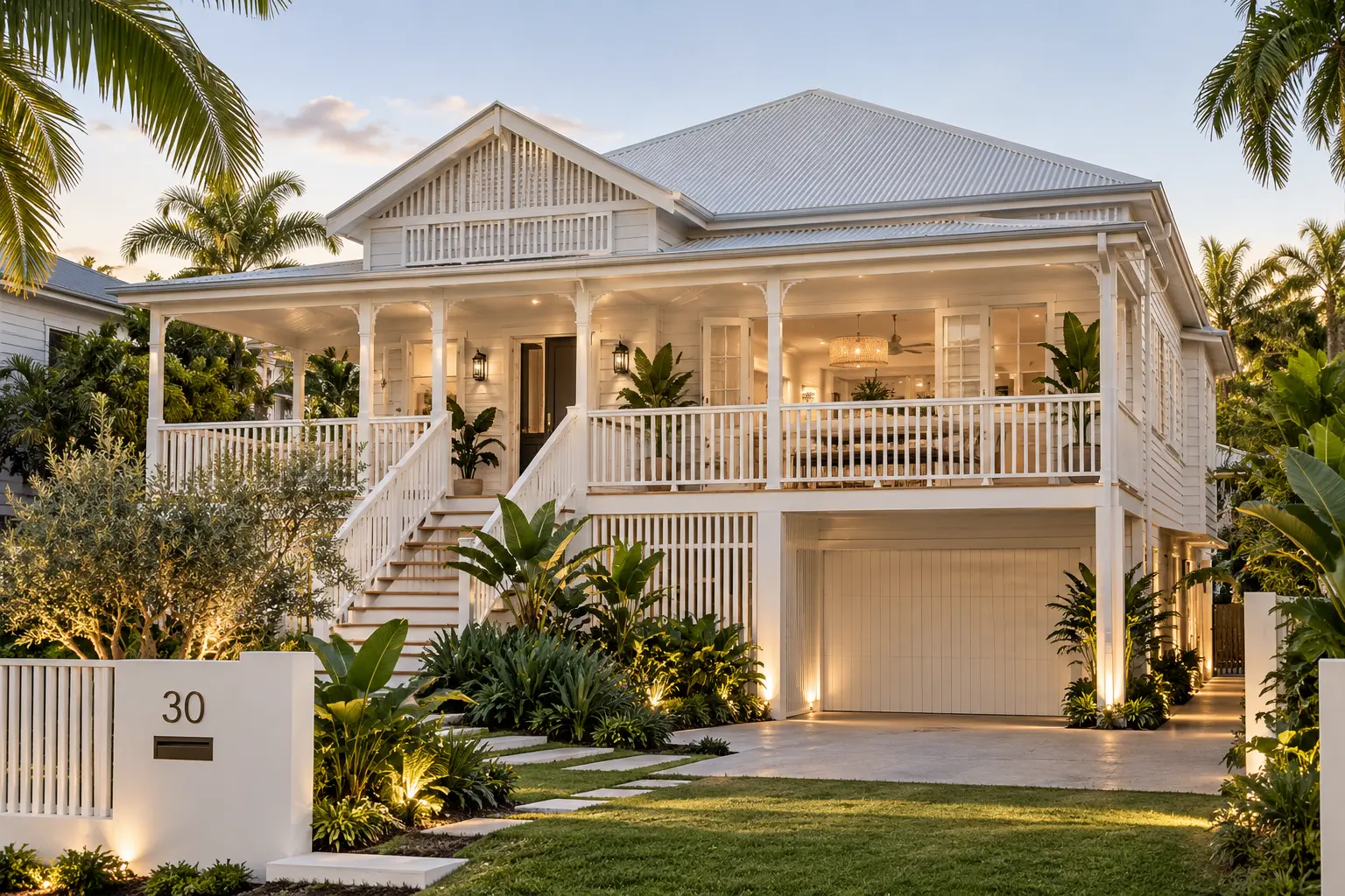 Architectural render of a luxury renovated Queenslander home in Brisbane, featuring white weatherboard, an elevated veranda and tropical landscaping.