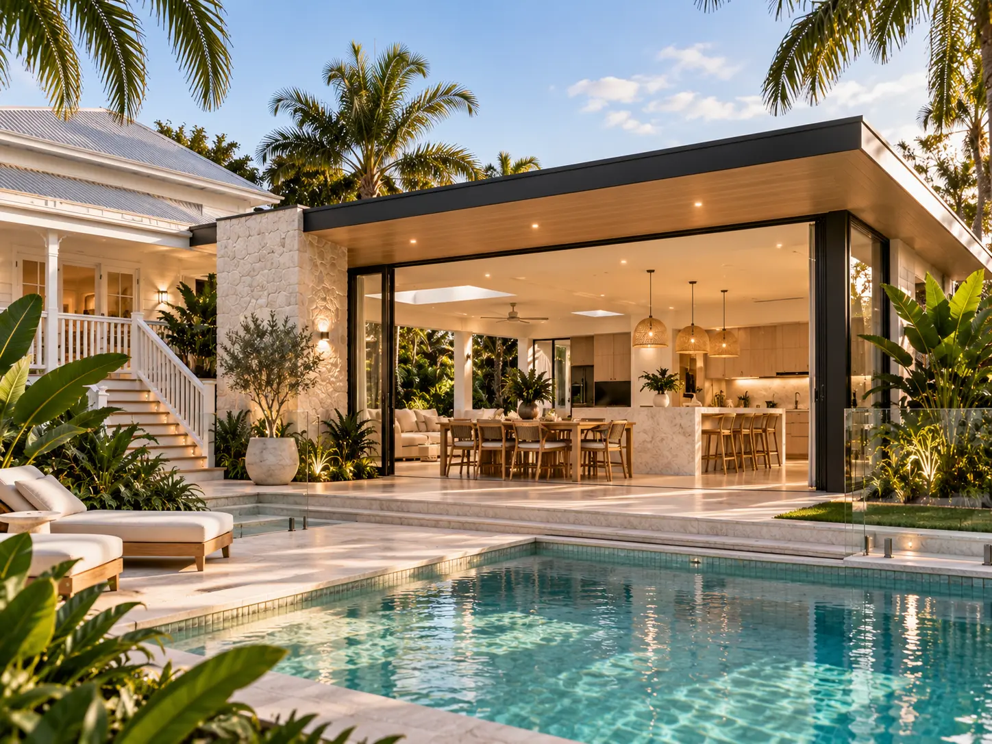 Contemporary extension to a traditional Brisbane Queenslander featuring expansive glass doors, natural stone, open-plan living and a resort-style swimming pool.