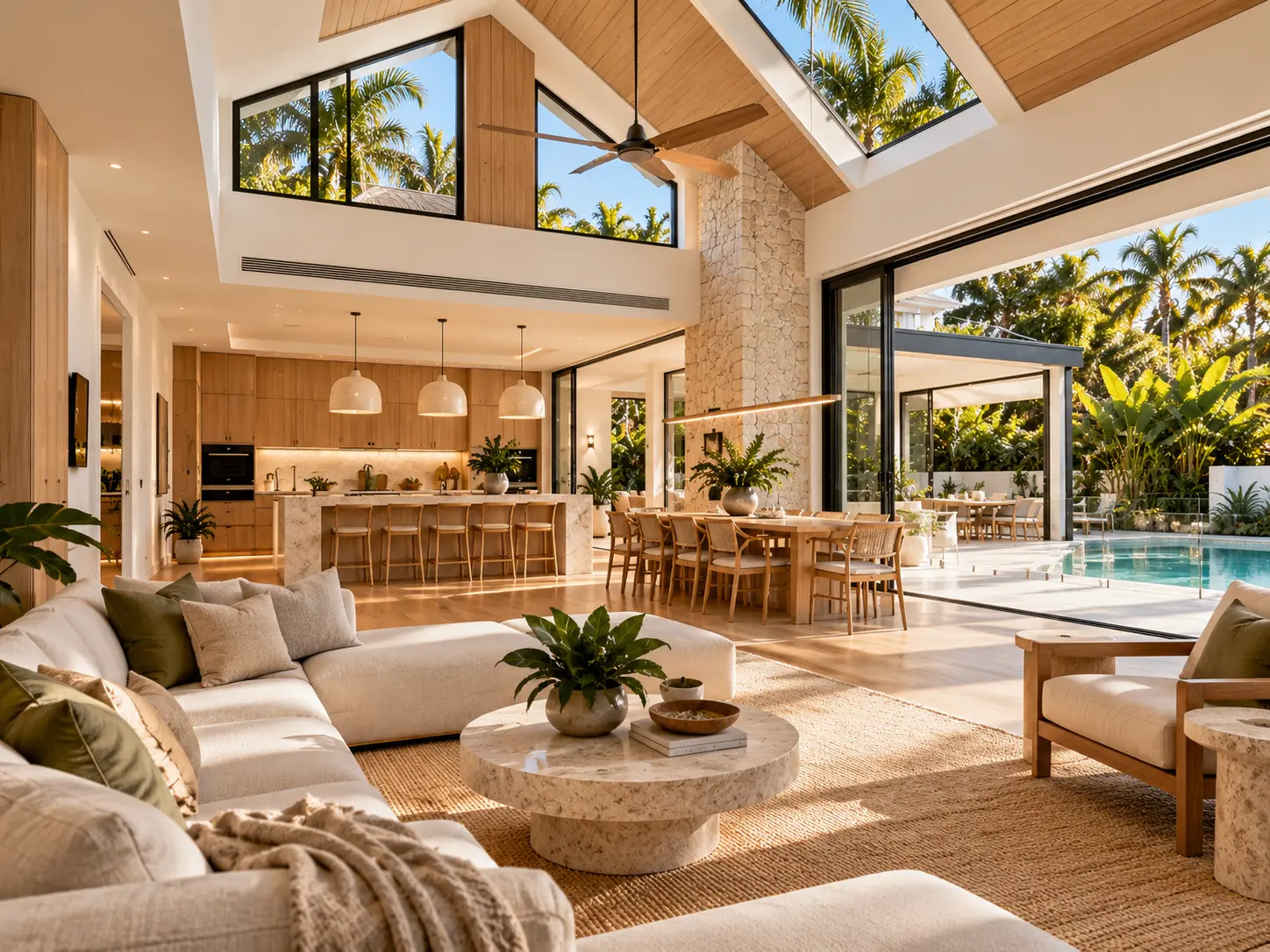Luxury Brisbane home renovation concept featuring pitched ceilings, skylights, oak cabinetry, natural stone and open-plan living